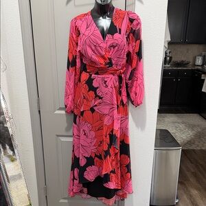 Anthropologie Hutch Floral Wrap Pink Red black maxi Dress XS S